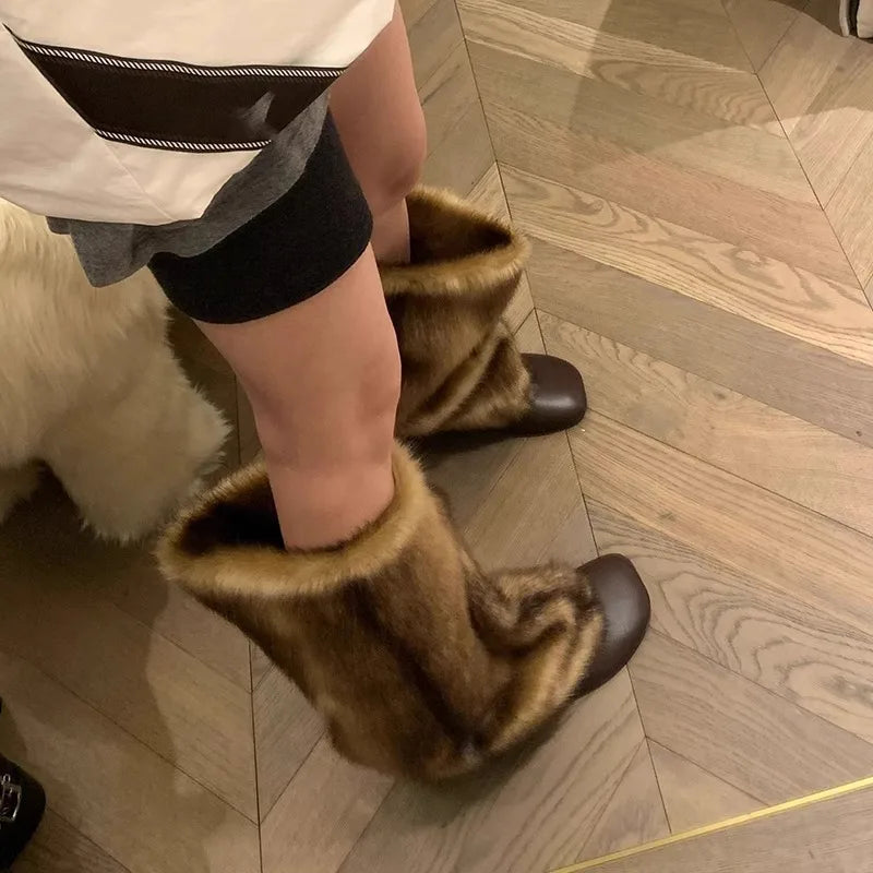 Hairy High Top Long Boots for in Winter Fashionable and Versatile, Knee Length, Low Heel, Warm Cotton Shoes, Snow Boots
