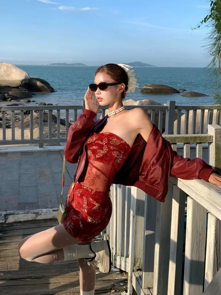Print Mini Dress Patchwork Transparent Mesh Sheath Strapless Dress Red Party Club Birthday Dress New