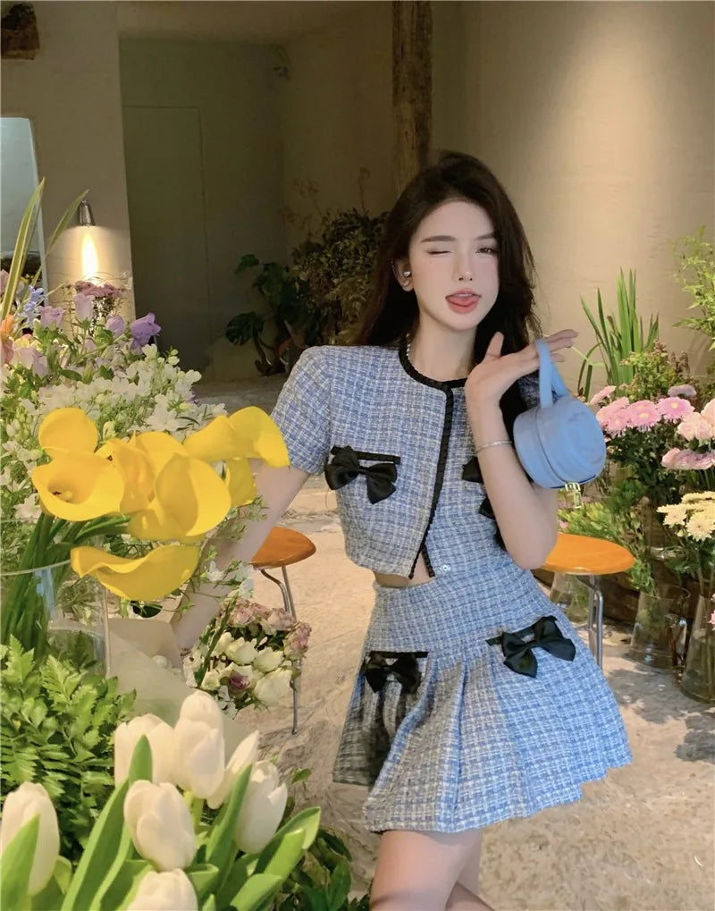 Sweet Hot Girl Suit Autumn Bow Slim Short Coat High Waist Aline Mini Skirt Twopiece Set Female Clothes