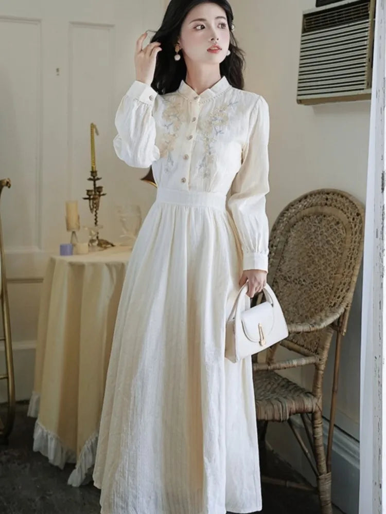 Fairy Embroidery Midi Dress Female French Party Midi Dress Stand Collar Puff Sleeve Evening Robe Vestidos