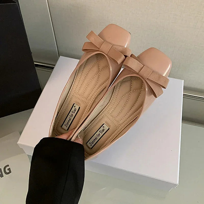 New Mary Jane Shoes Square Toe Flats Shallow Dress Shoe Butterfly Knot Patent Leather Soft Soled Ballet Shoes
