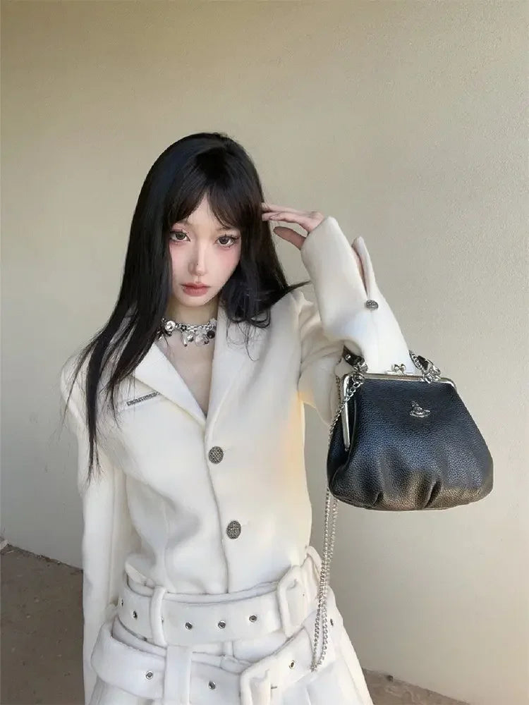 French Highend White Suit Dress Clothing Autumn New Long Sleeve Waist Belted Slimming Aline Pleated Mini Dress