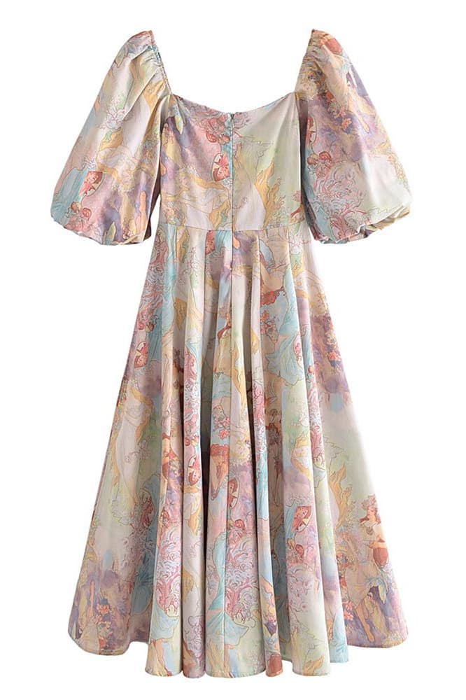 Joyce Printed Lantern Sleeves Midi Dress