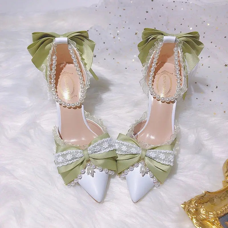 Lolita High Heels for Pearl Lace Green Designer Shoes High End Knot Bridal Shoes Trending