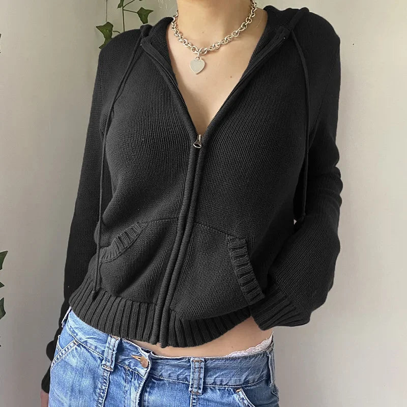 Brown Y2k Hooded Sweaters Autumn Winter Lantern Sleeve Zip Up Jacket Cardigan Knitted Hoodies Cropped Cardigan