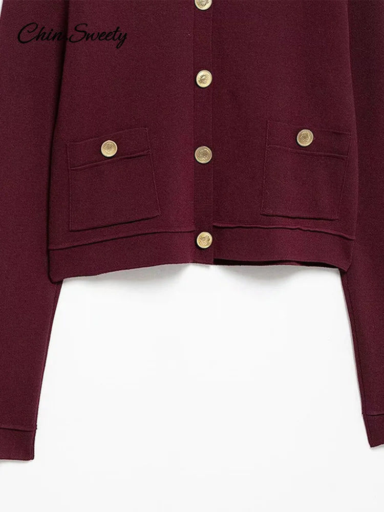 _ Skirts 2 Piece Set Burgundy Knitted Lapel Long Sleeve Button Cardigans Pleat High Waist A-line Skirt Lady Outfits