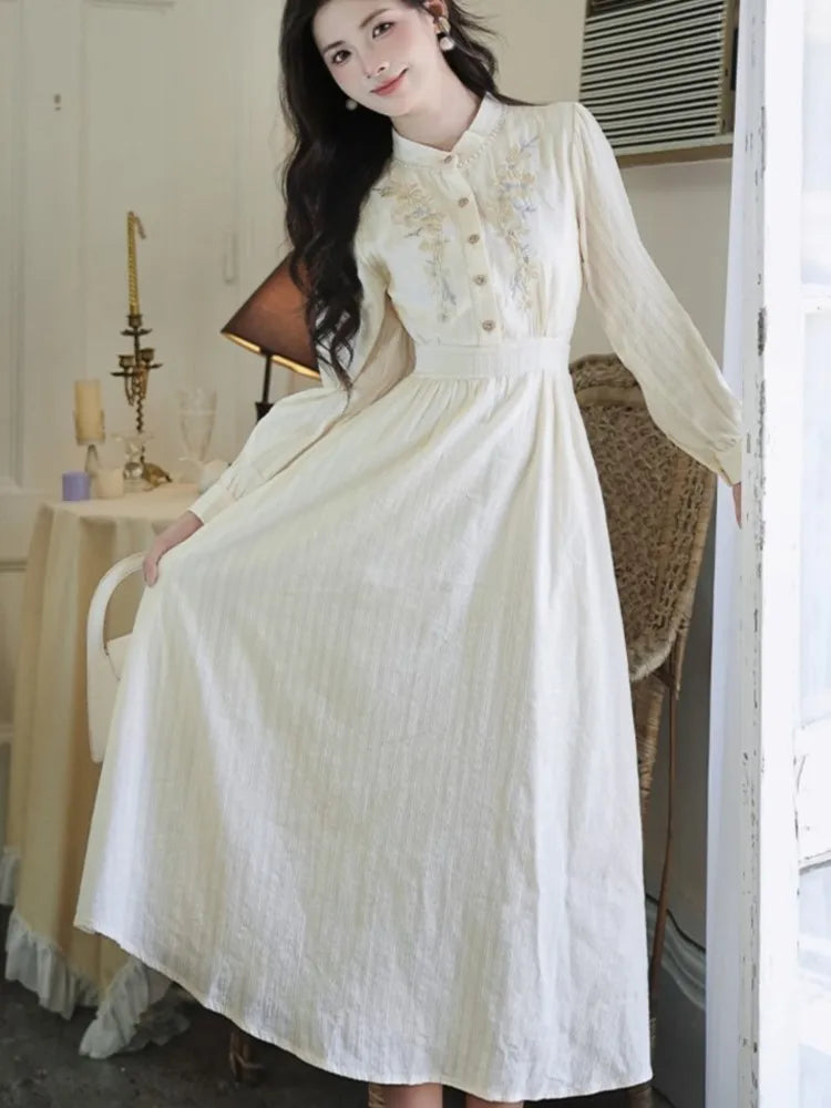 Fairy Embroidery Midi Dress Female French Party Midi Dress Stand Collar Puff Sleeve Evening Robe Vestidos