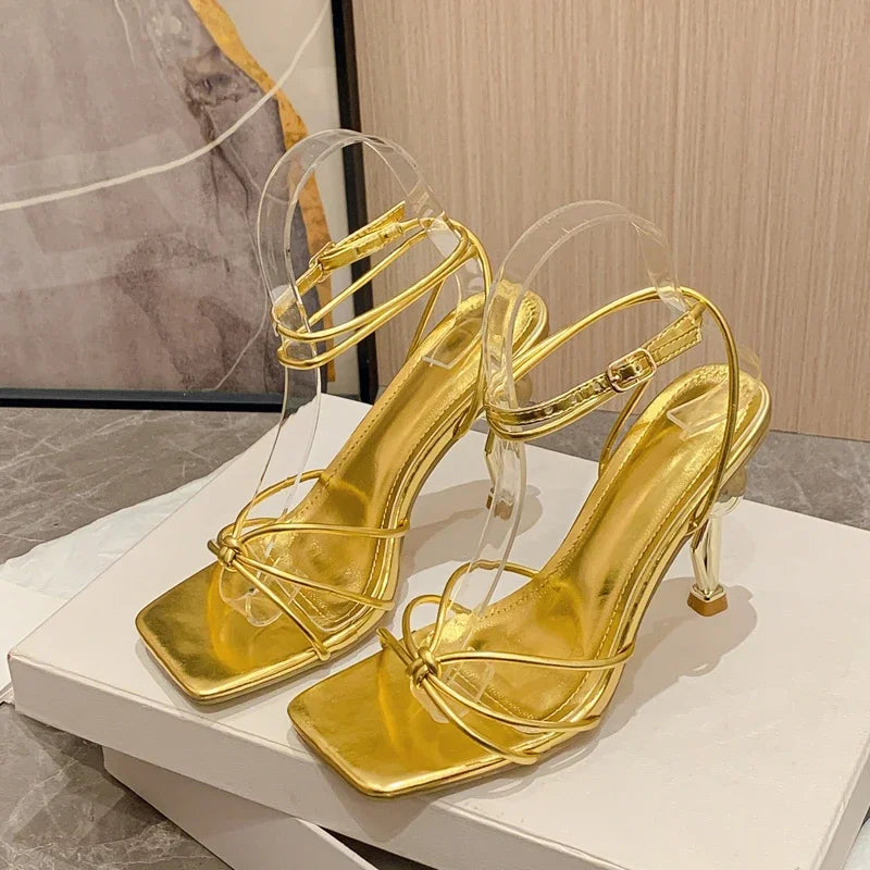 Square Toe Narrow Band Sandals Ankle Buckle Strap High Heels Party Female Shoes Sandalias Mujer