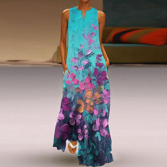 Summer New Flower Printed Long Dresses V-neck Loose Sleeveless Dress Commuting Vestidos Female