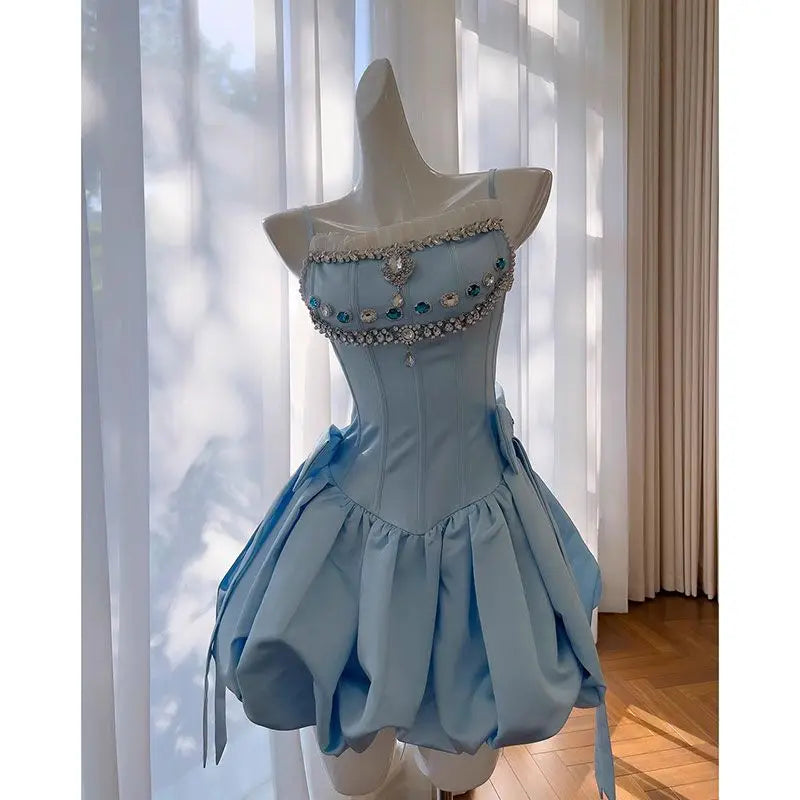 Birthday Party Strapless Dress Summer New Highend Blue Strap Sweet Princess Fluffy High Waist Slimming Mini Dress for