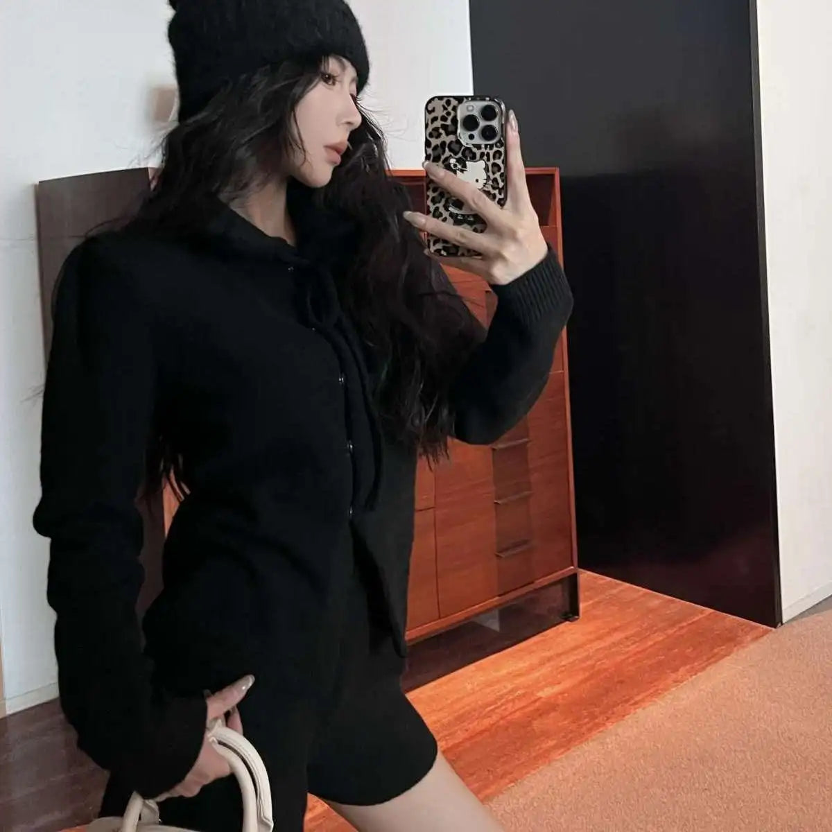 Sweet Hot Girl Suit Spring Turndown Collar Knitted Cardigan High Waisted Shorts Twopiece Set Female Clothes