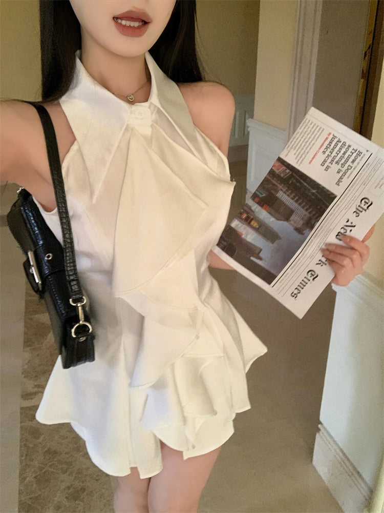 White Ruffle Edge Polo Neck Sleeveless Shirt Top Summer French Style Mid Length Waist Slim Blouses Clothing