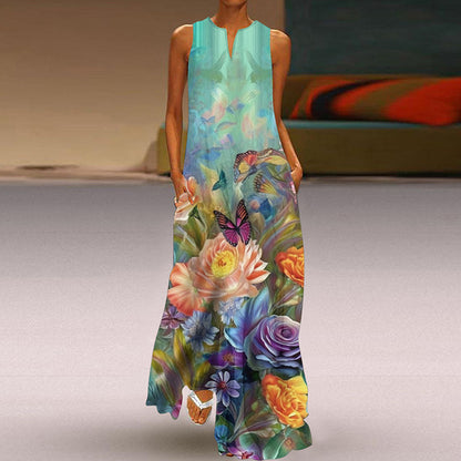 Summer New Flower Printed Long Dresses V-neck Loose Sleeveless Dress Commuting Vestidos Female