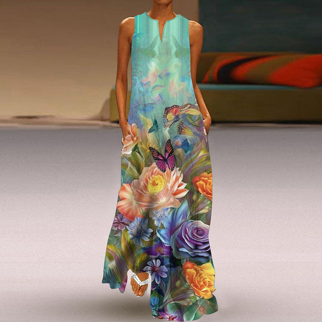 Summer New Flower Printed Long Dresses V-neck Loose Sleeveless Dress Commuting Vestidos Female
