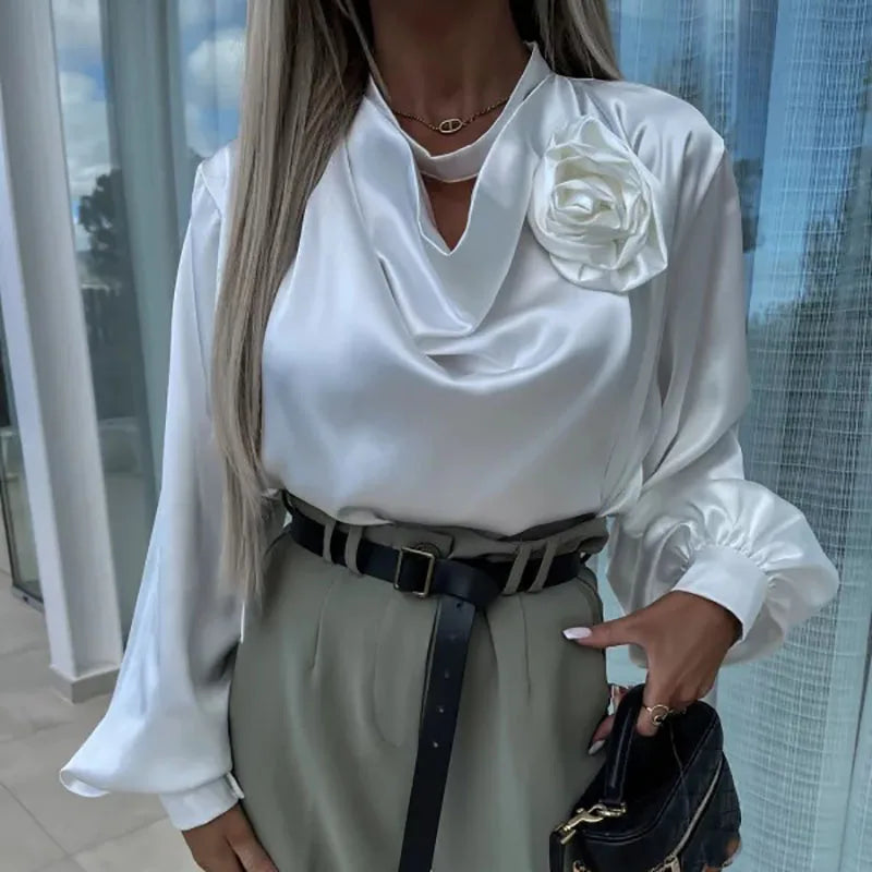 Commuter Lady Vneck Draped Blouses Spring Flower Design Satin Top Pullover Autumn Long Sleeve Button Shirts Mujer