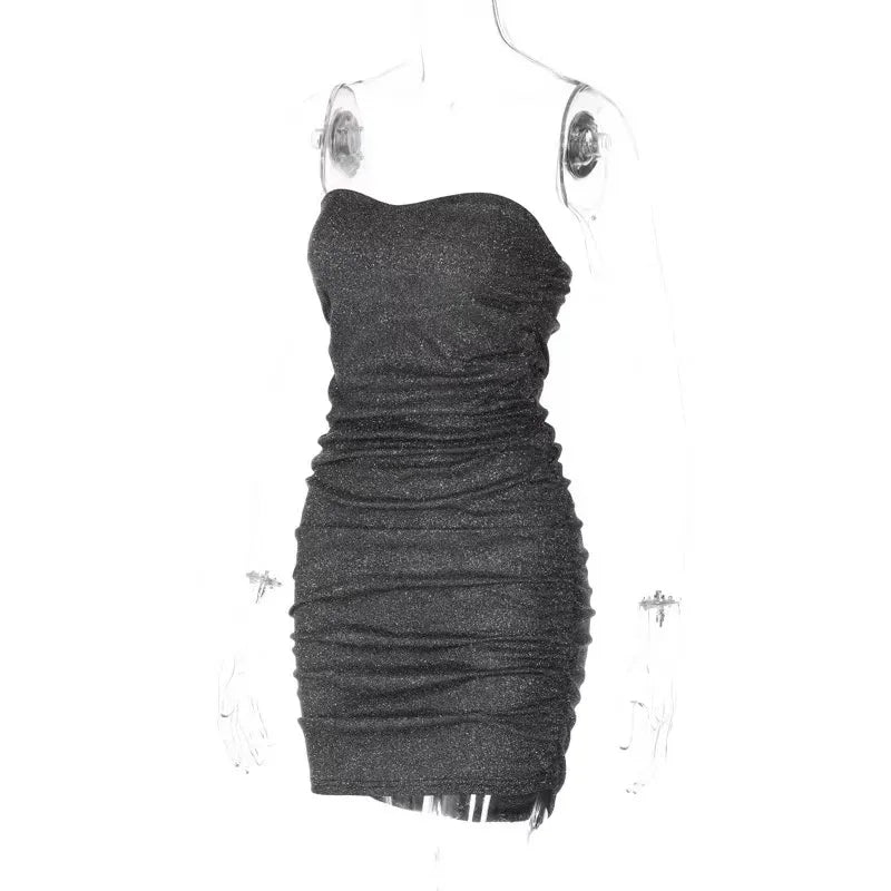 Black Glitter Bright Silk Dress Strapless Ruched Bodycon Dress Summer Sleeveless Tight Mini Dress Party Club Outfits