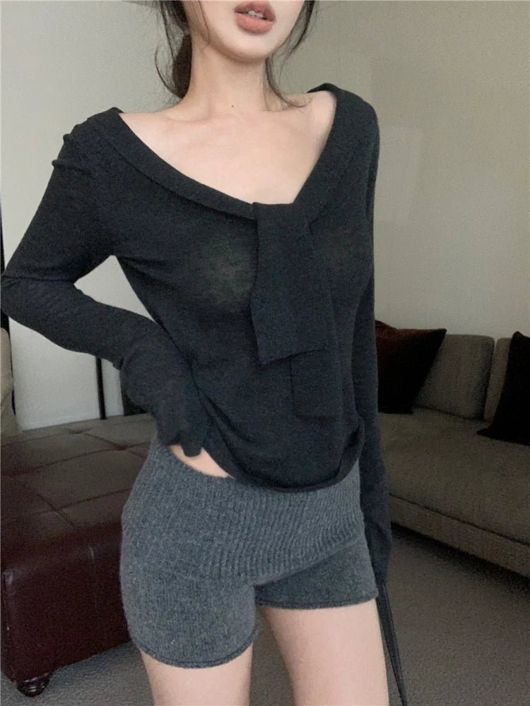 Khaki Ribbon Vneck Long Sleeve Knitted Sweater Korean Style Slim Knitwear Design Aesthetics Clothes