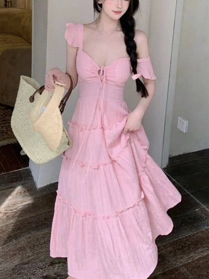 New Summer Long Dresses for Off Shoulder Aline Ruched Korean Holiday Beach Style Party Dress Robe Vestido
