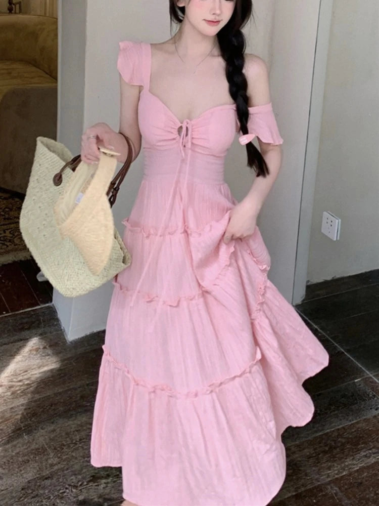 New Summer Long Dresses for Off Shoulder Aline Ruched Korean Holiday Beach Style Party Dress Robe Vestido