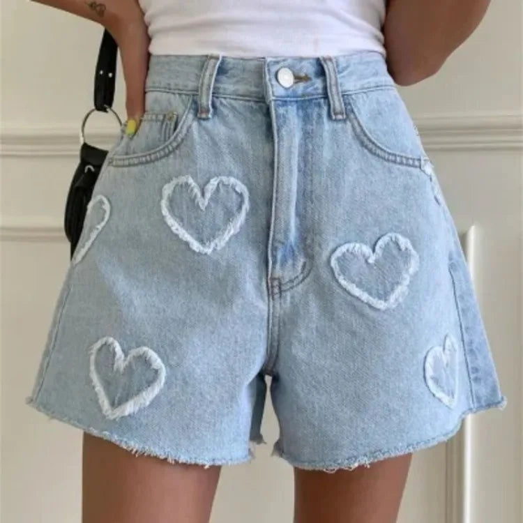 Sweet Fur Heart Pattern Denim Shorts for Y2k High Waist Loose Straight Short Pants Summer New Wide Leg Shorts