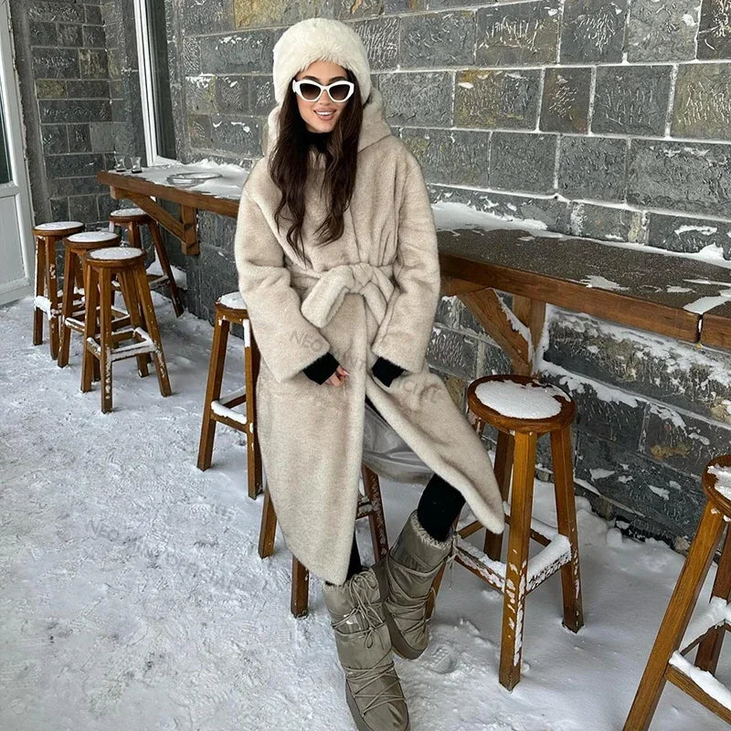Belted Faux Mink Fur Coat Winter Beige Gradient Furry Fur Jacket Brand Hooded Warm Outerwear Overcoat