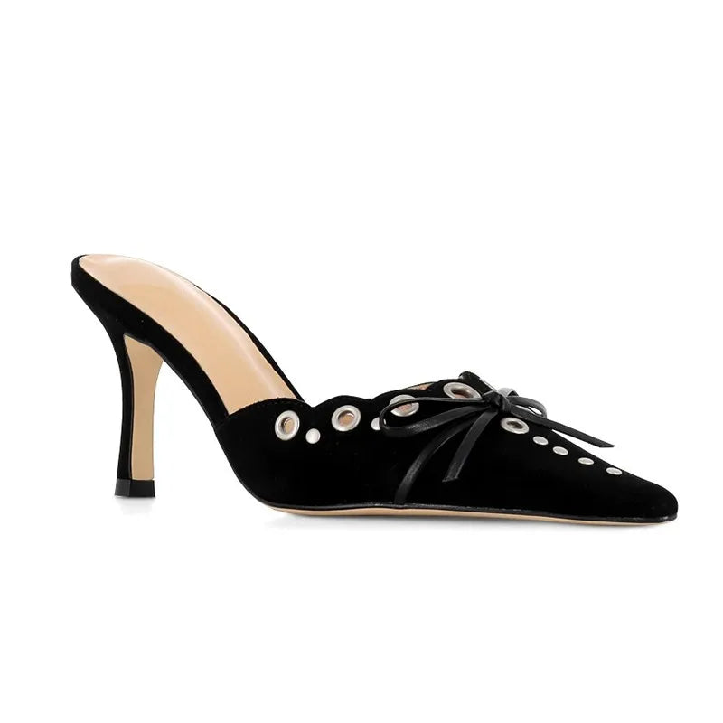 Suede Bow Cutout Pointed Toe Slippers Stiletto High Heels Metal Decorative Sandals Shallow Mules Shoes