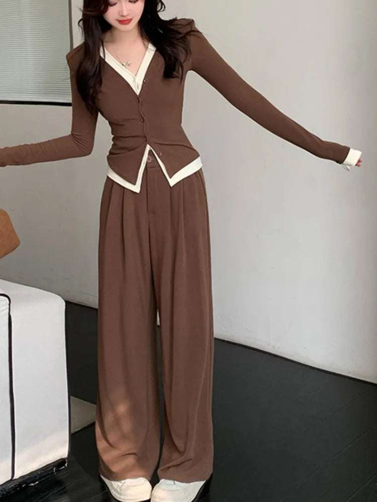 Autumn Two-piece Pants Set Long Sleeves V-neck Single Breasted Top Wide Leg Pants Korean Outfits New