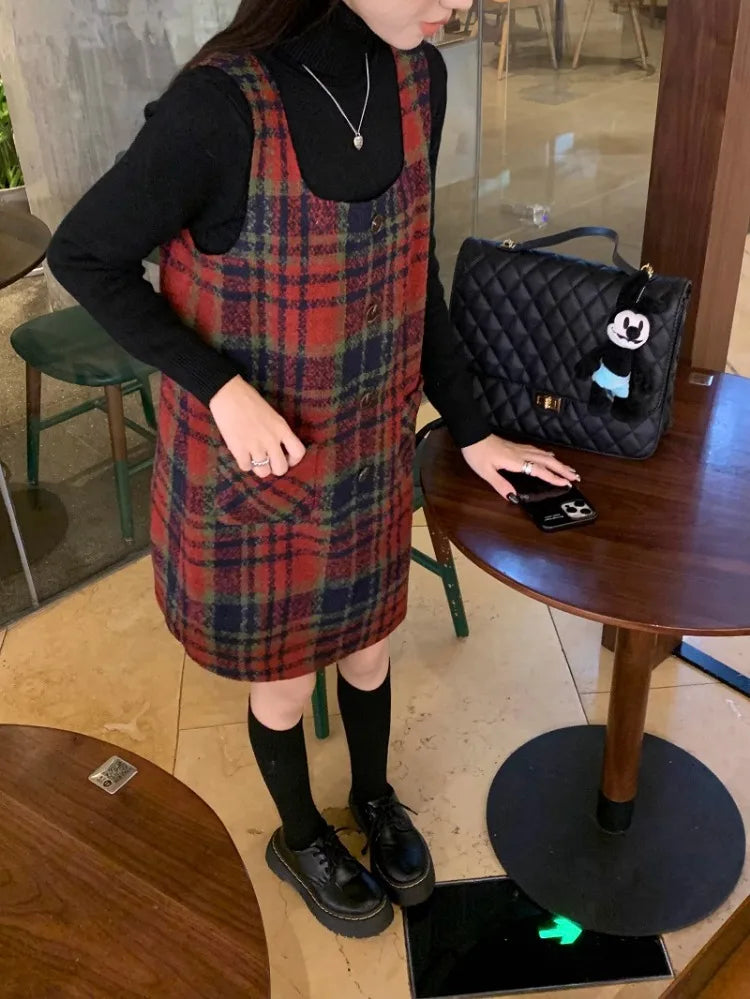 Christmas Red Plaid Strap Dress Female Autumn Winter New Dresses Slimming Sweet Age Reduction Woolen Base Skirt