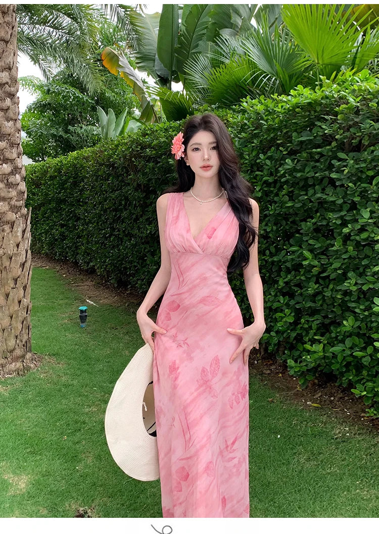 Print Long Dresses Vneck Sleeveless Bodycon Evening Party Dress New Slim Waist Vestidos Mujer New Robe