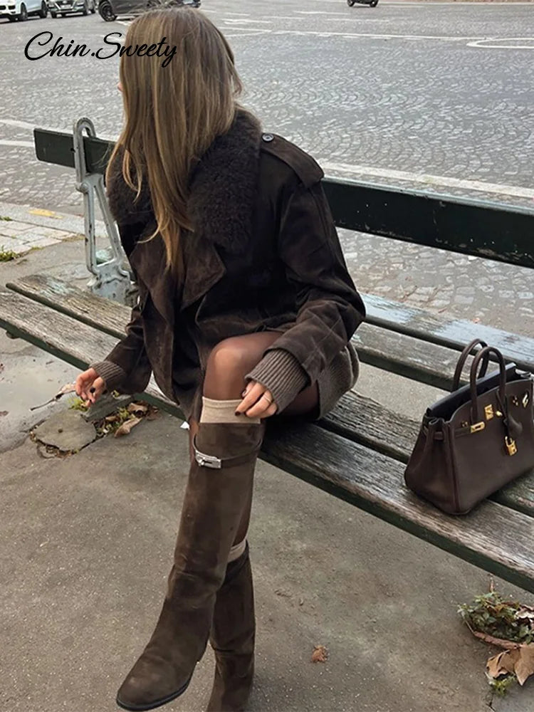 Cropped Suede Jacket Lapel Fur Collar Lace Up Long Sleeve Coat Female Winter Lady High Street Outwear