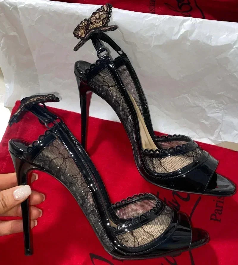 Cutout Lace Bowknot Pumps Summer Peep Toe Slingback Sandals Thin High Heels Black Patent Leather Party Wedding Shoes