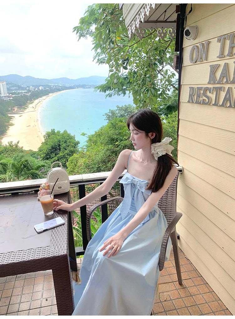 Japanese Midi Dress Sweet Strap Blue Bow Strapless Dress Beach Style One Piece Dress Korean Summer