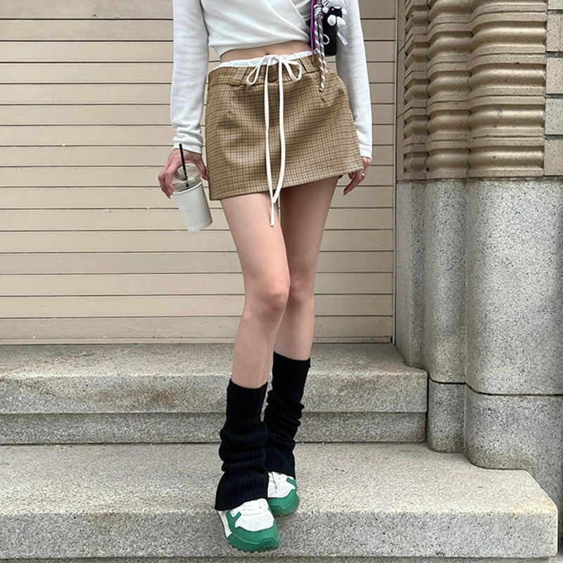 Plaid Mini Shorts Skirt Contrast Color Drawstring High Waist Skirts With Shorts Korean College Style Bottoms