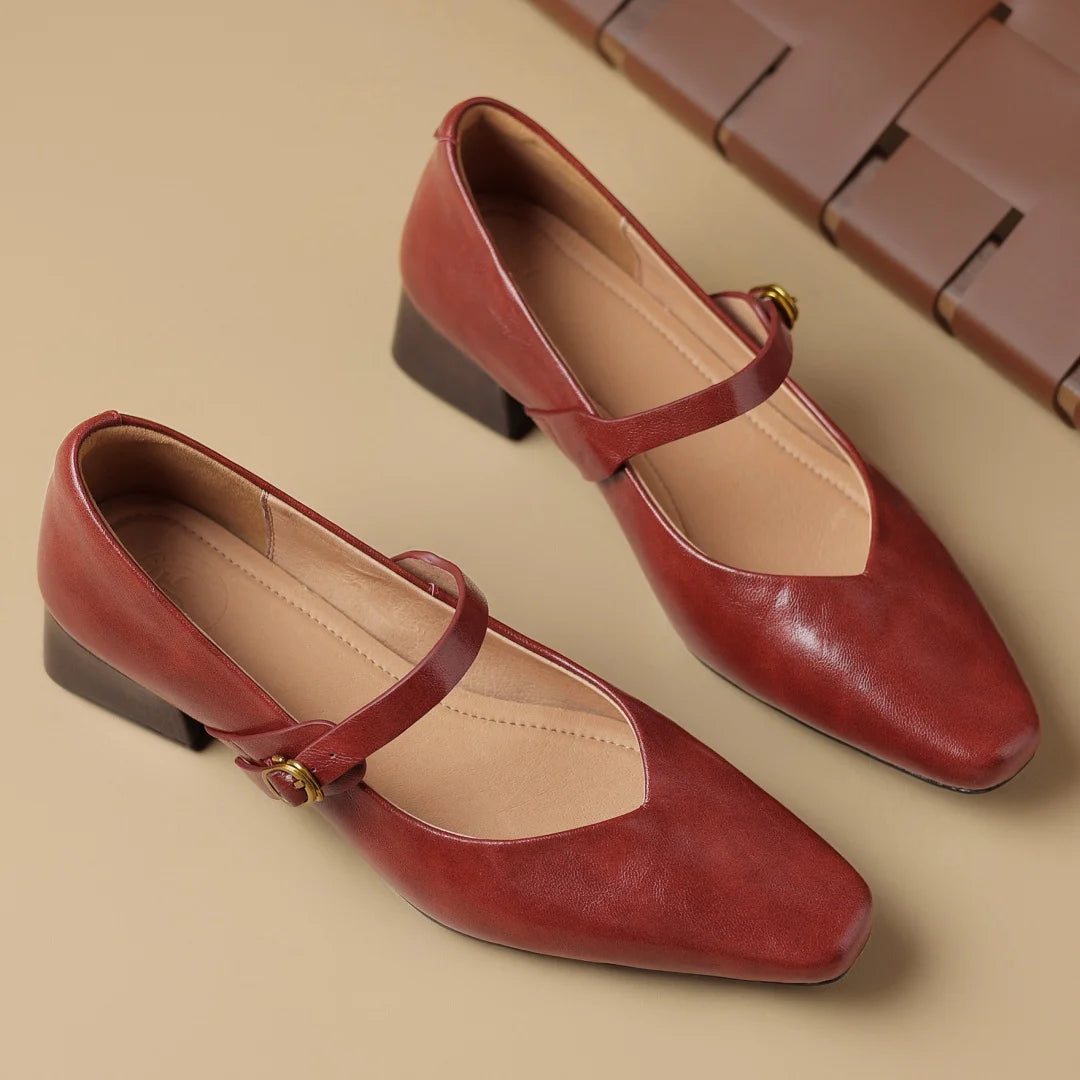 Genuine Leather Square Toe Slipon Mary Jane Pumps 4cm Thick Low Heel Daily Dress Heeled Shoes for Woman