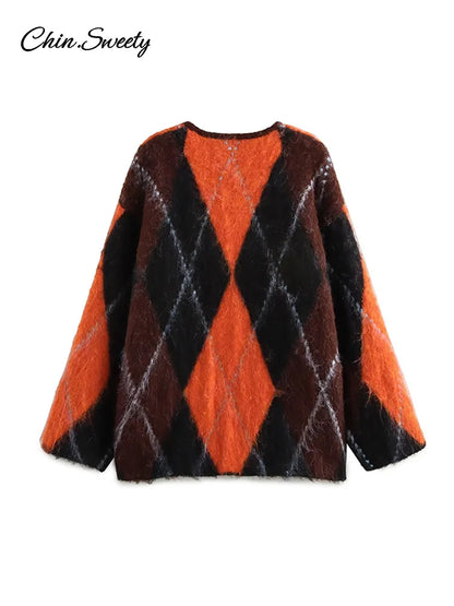 Mohair O-neck Contrast Color Knit Sweater Geometry Print Long Sleeve Loose Single-breasted Knitwear Lady All-match Top _