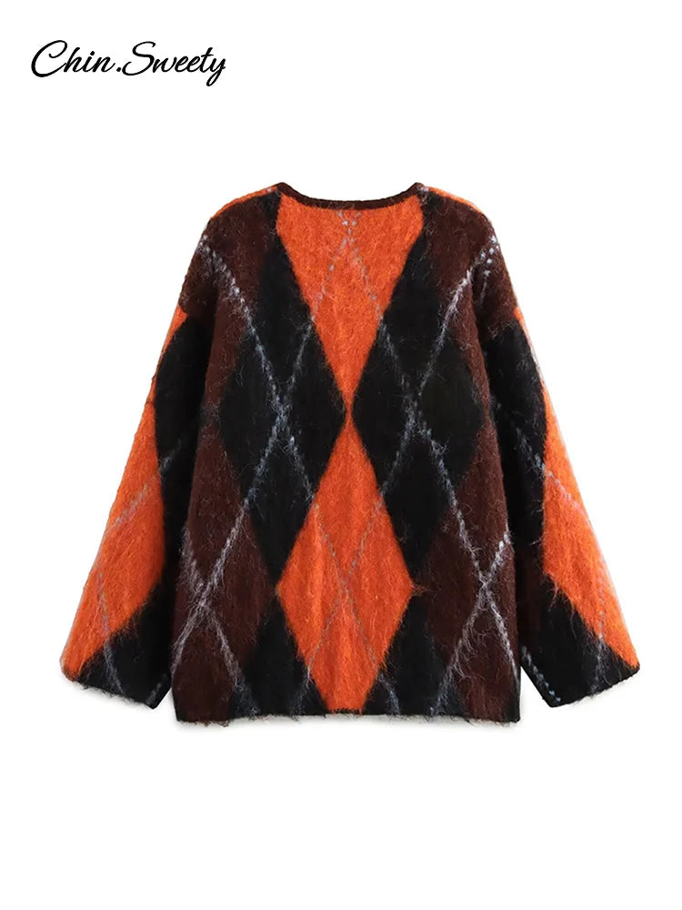 Mohair O-neck Contrast Color Knit Sweater Geometry Print Long Sleeve Loose Single-breasted Knitwear Lady All-match Top _