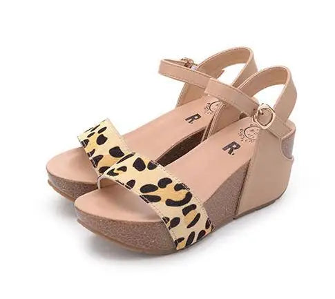 Summer New Genuine Horsehair Highheeled Thicksoled Leopardprint Roman Slopeheeled Sandals 32 33 Small Size Shoes