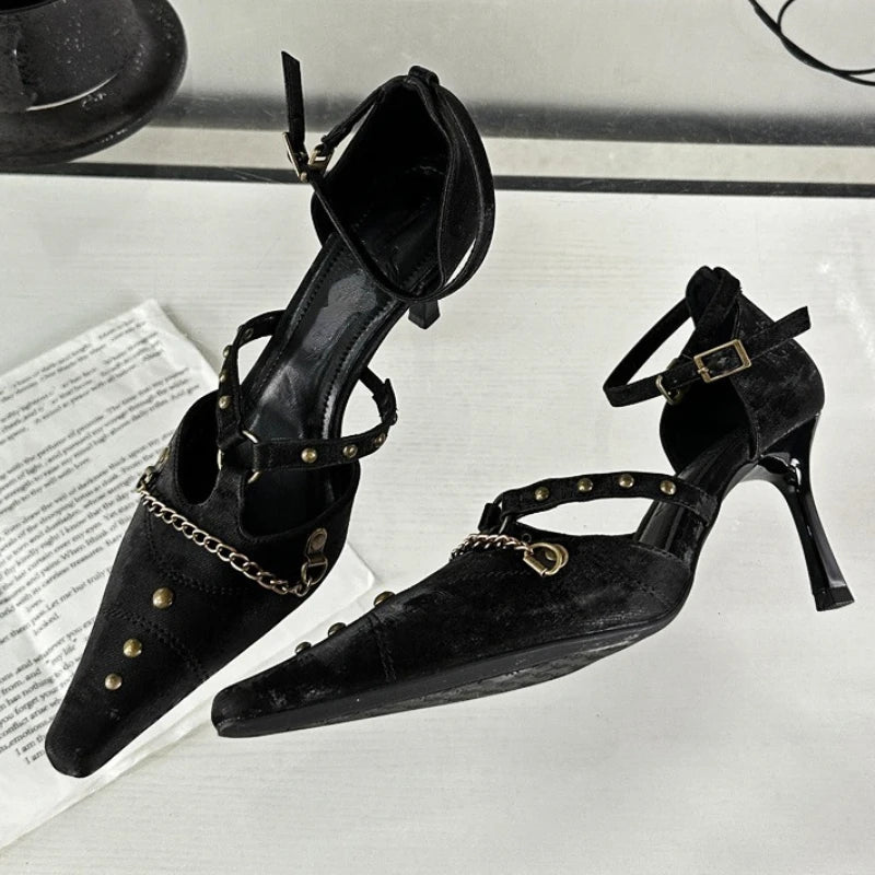 Retro Rivets Metal Chain High Heels Thin Heel Party Dress Shoes Office Shoes Pointed Toe Pump Sandals
