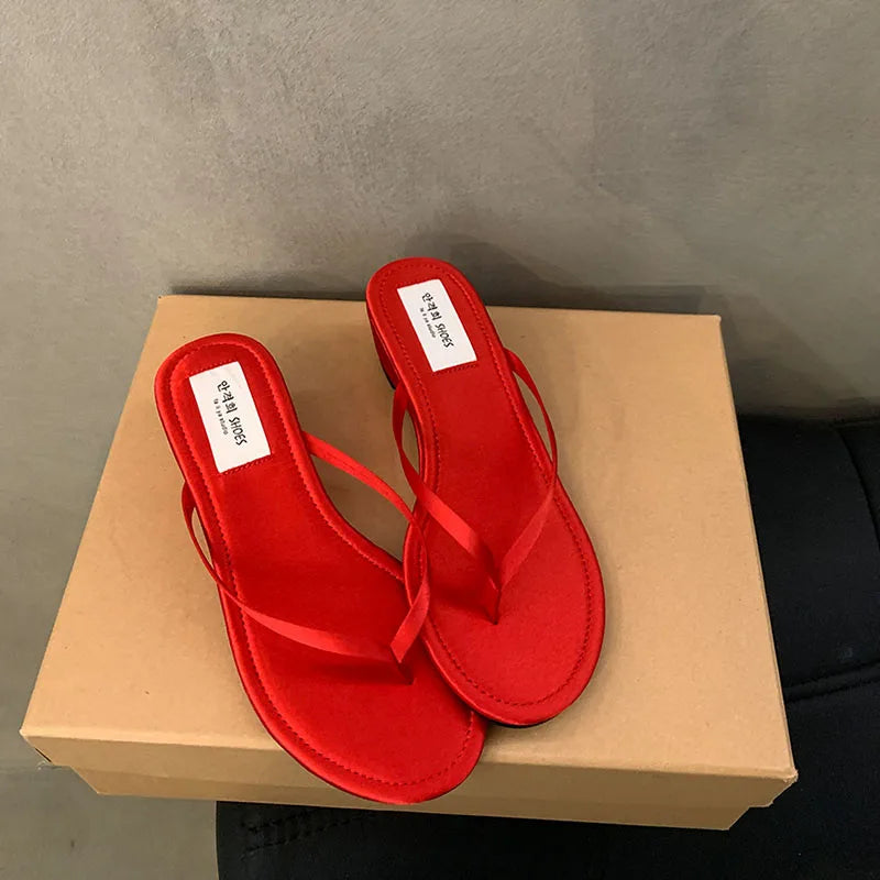Summer New Slipper Narrow Band Slip on Flip on Shoes Low Wedge Heel Outdoor Dress Slides New Woman