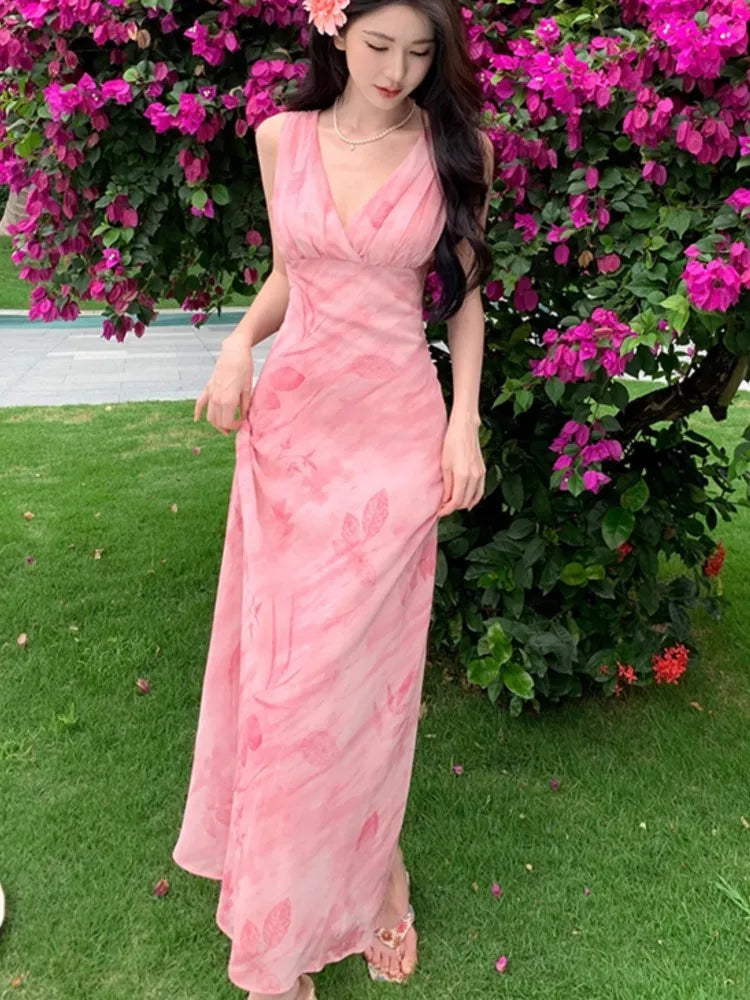 Print Long Dresses Vneck Sleeveless Bodycon Evening Party Dress New Slim Waist Vestidos Mujer New Robe