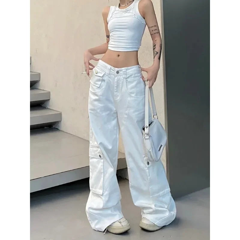 Baggy Cargo Jeans Woman Korean Harajuku Wide Leg Denim Pants Basic White Trousers