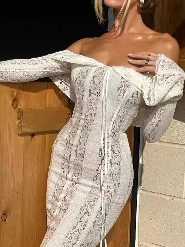 Lace Off-shoulder Maxi Dress for White Strapless Backless Long Sleeve Bodycon Club Party Long Dress