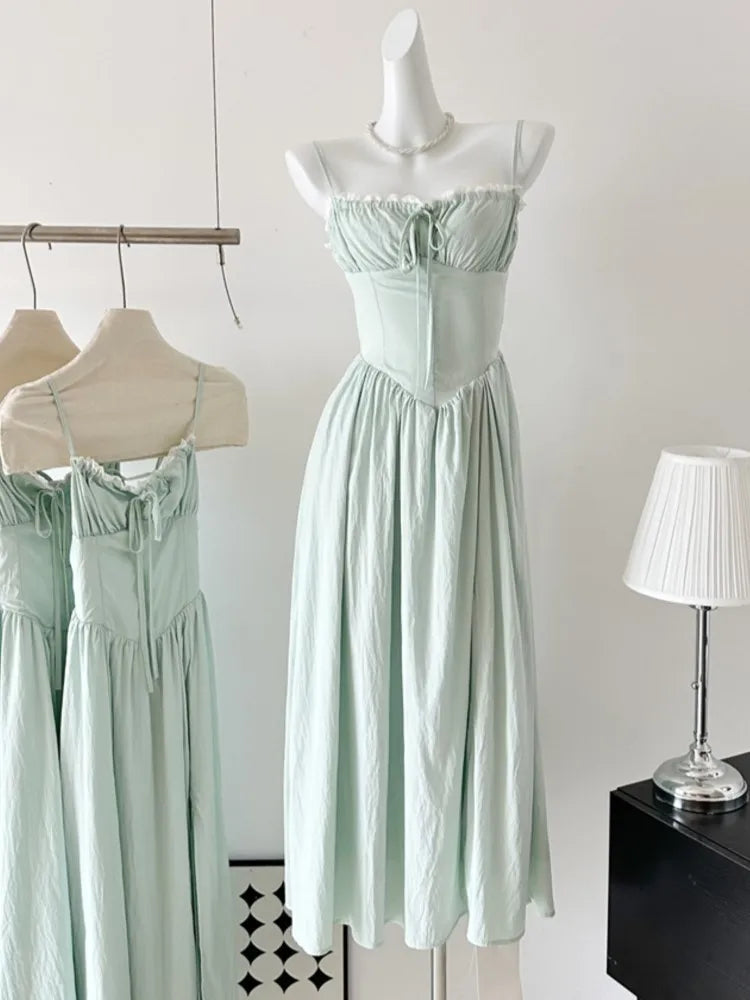 Summer New Spaghetti Strap Backless Midi Dresses for Lace-up Sleeveless Beach Style Korean One Piece Vestido Mujer