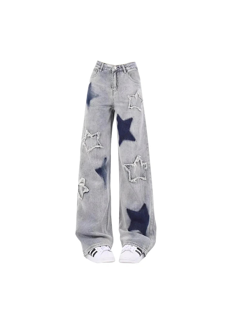 Blue High Waist Star Jeans Korean Y2k 90s Aesthetic Baggy Denim Trouser 2000s Wide Leg Pants Clothes
