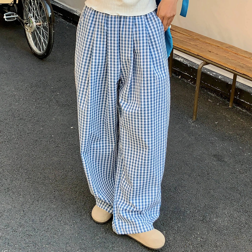 Plaid Wide Leg Pants Pockets Sping Summer High Waist Straight Loose Trousers Female