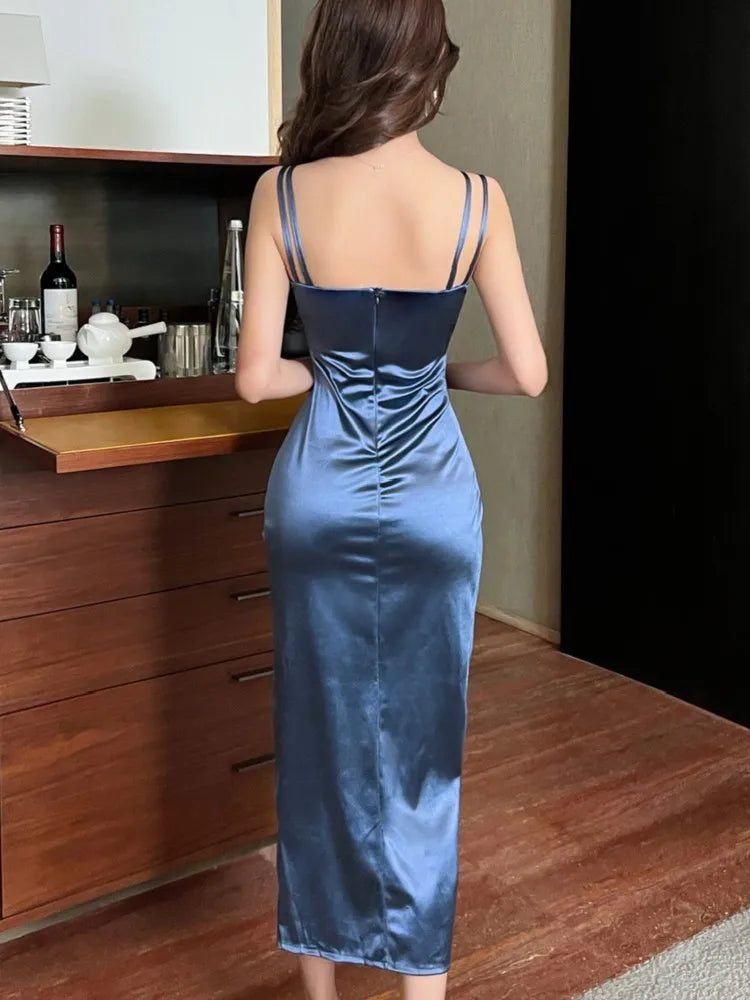 Split Midi Dress Slim High Waist Satin Dresses Evening Gown Birthday Party Petty Spring Summer New