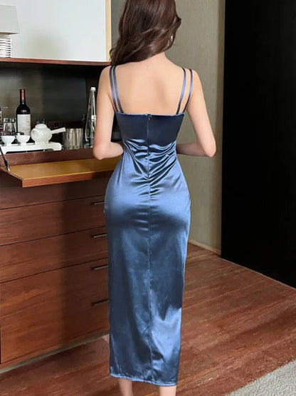 Split Midi Dress Slim High Waist Satin Dresses Evening Gown Birthday Party Petty Spring Summer New
