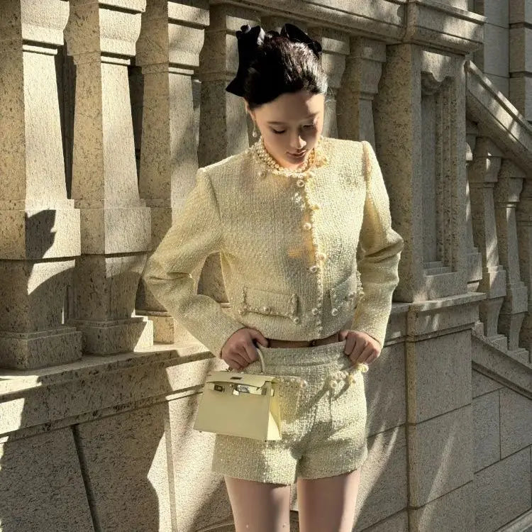 Autumn French Highend Suit Socialite Sweet Short Coat Top High Waist Slim Shorts Set Commuter Two Piece Sets Outfits
