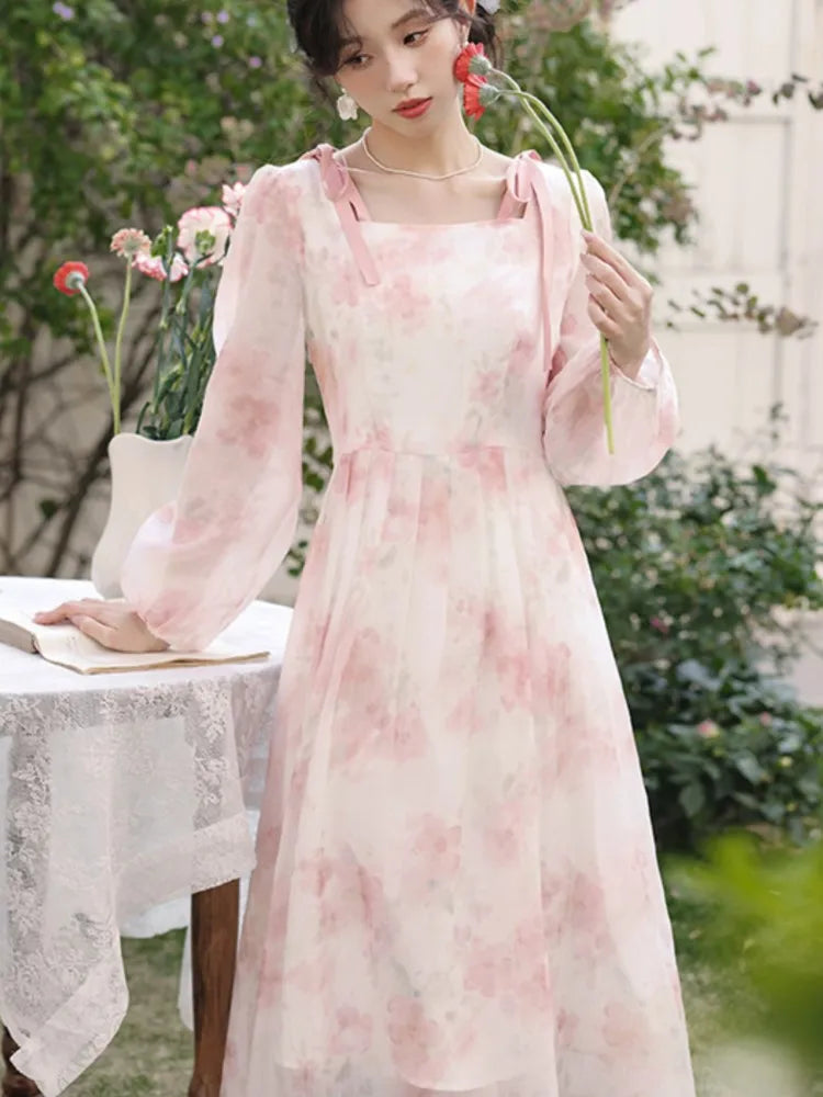 Party Long Dresses Spring Fairycore Dress Pink Bow Laceup French Style Square Neck Fairy Dresses Female Cloting New