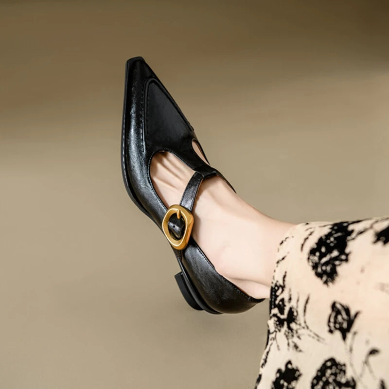 New Autumn/spring Pumps Split Leather Shoes for Pointed Toe Kitten Heel Shoes Soft Retro Buckle Mary Jane Shoe